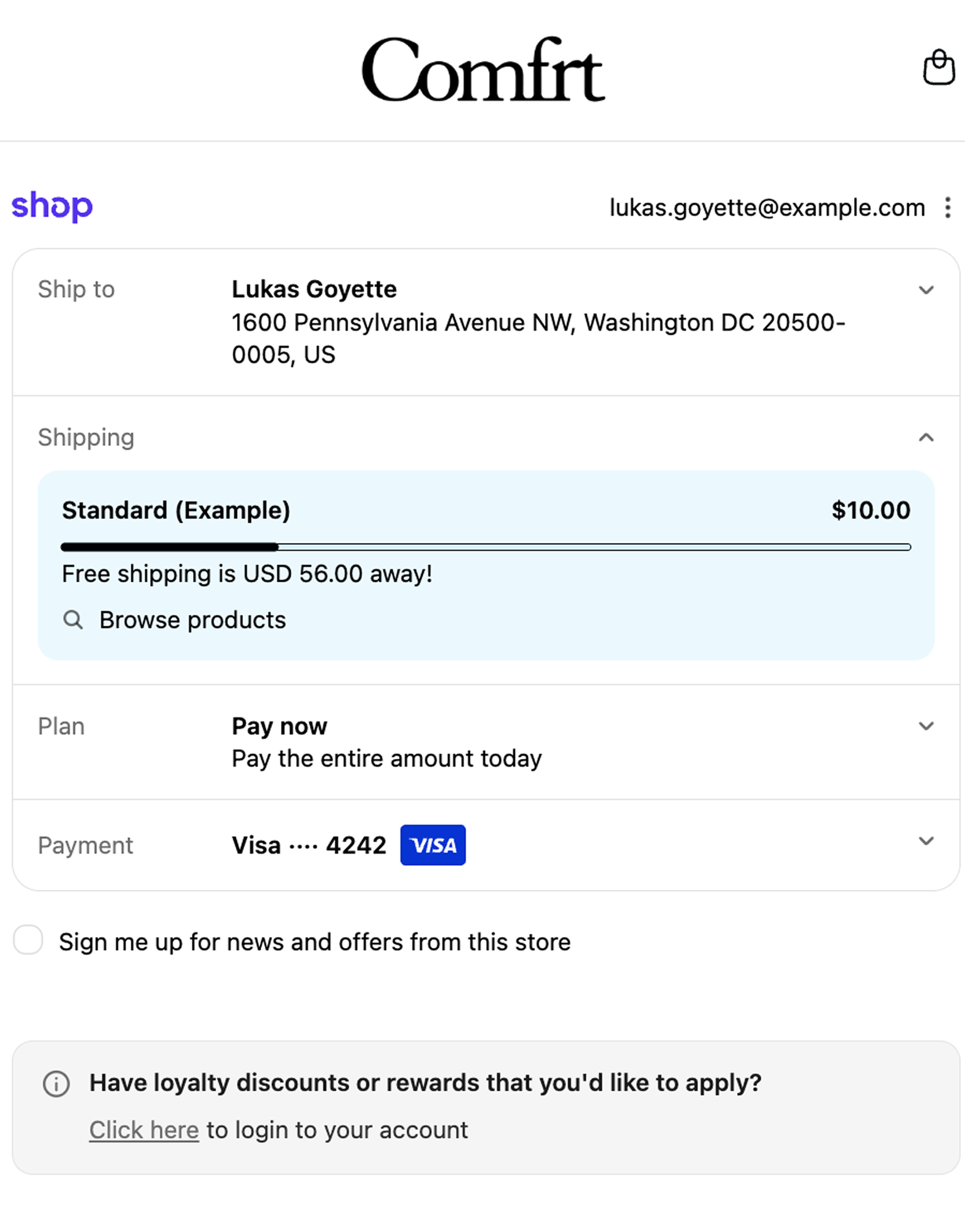 Comfrt storefront with a free shipping upsell design