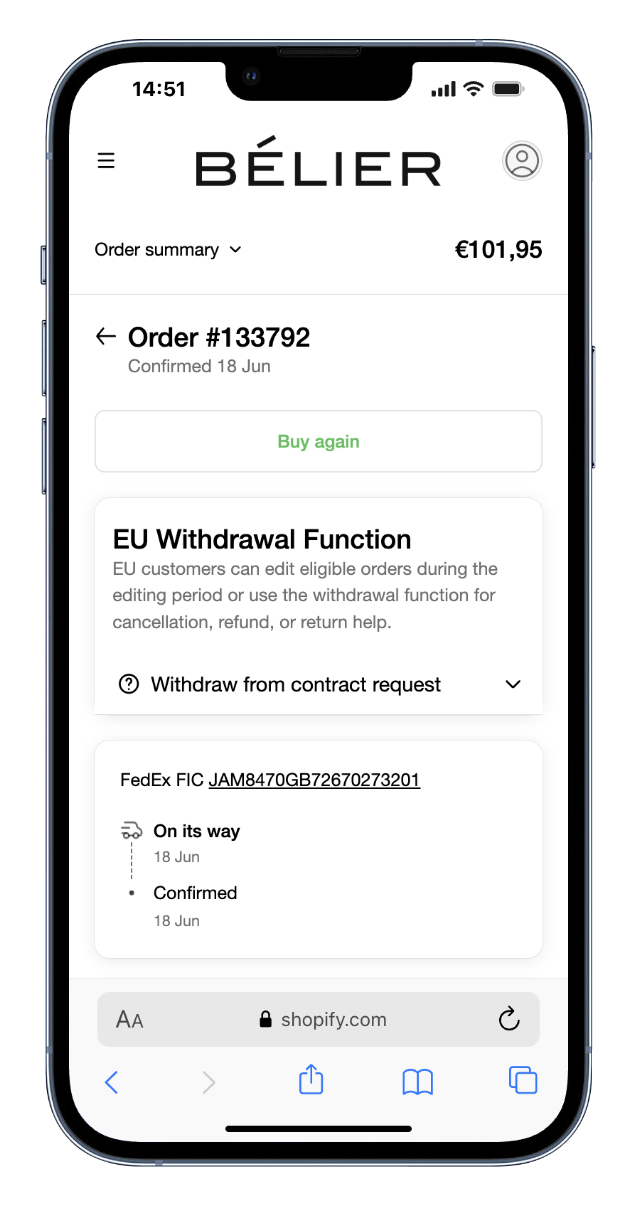 Mobile preview of the Order Editing EU Withdrawal Function on a Shopify order status page, showing the 'Withdraw from contract request' action