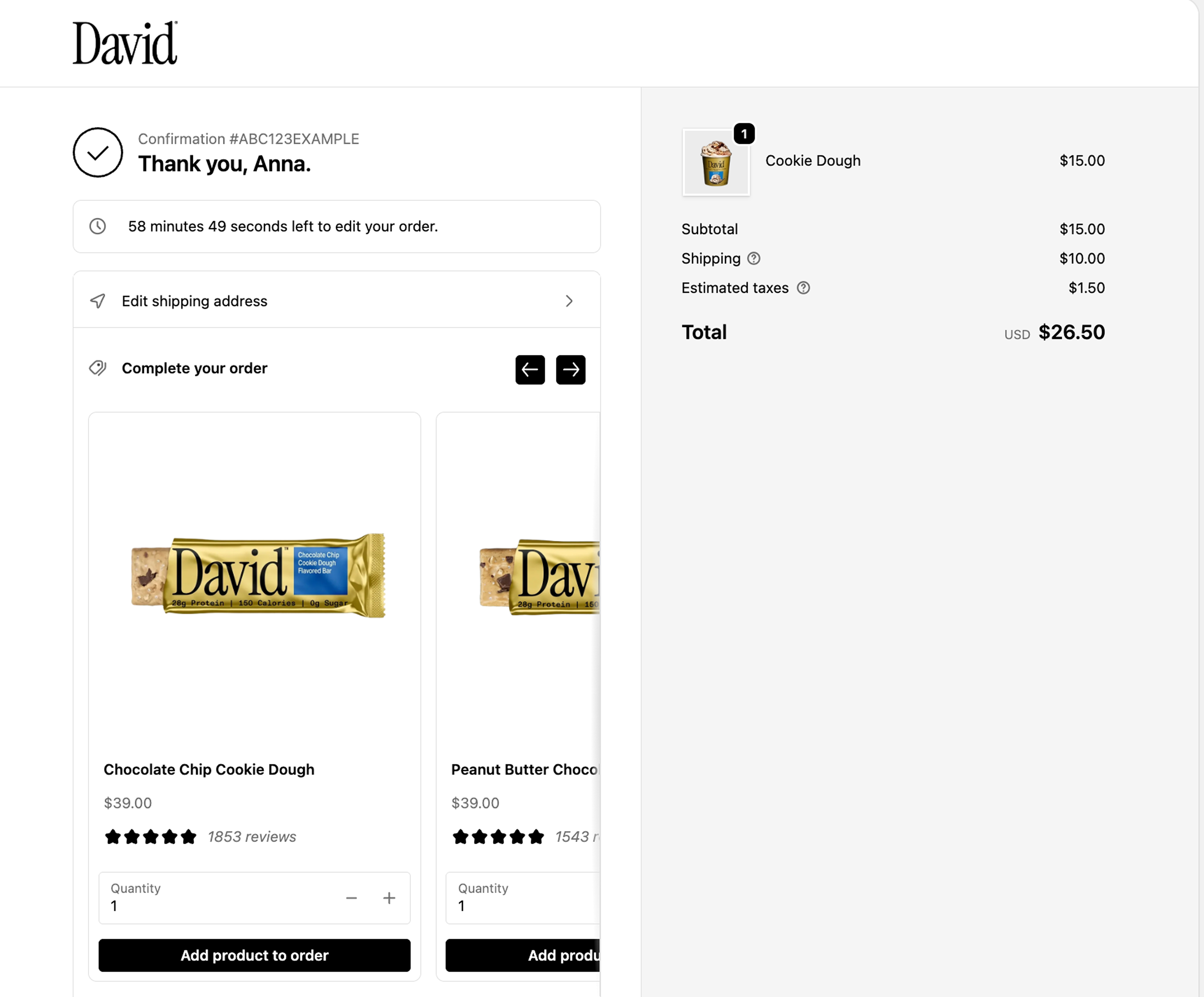 David Protein thank you page with order editing timer, complete your order upsells, and order summary