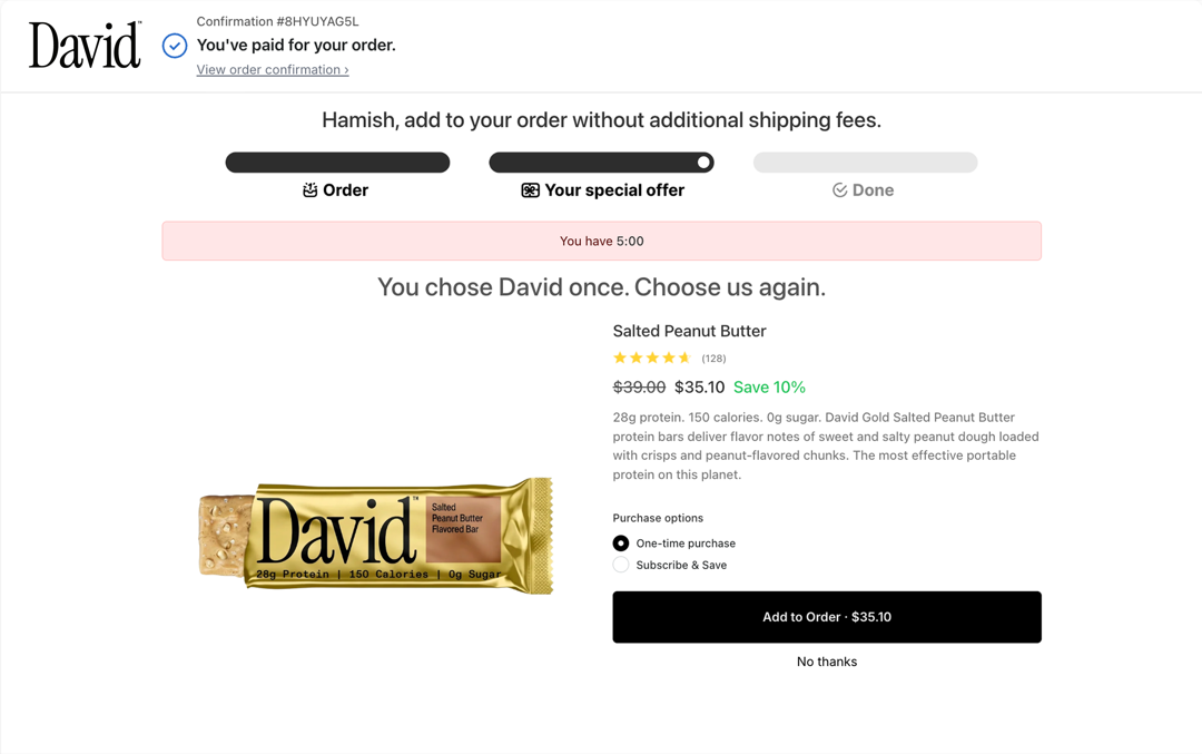 David Protein limited-time post-purchase page with Salted Peanut Butter upsell, countdown timer, and add to order